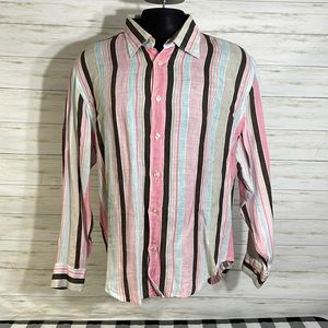 Europann Linen Long Sleeve Shirt Pink Brown Beige Blue France 3XL Fits Like 2XL